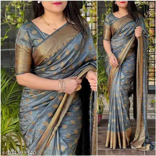Banarasi Silk Saree With Blouse For Women (Dark Purple, 6.3M)
